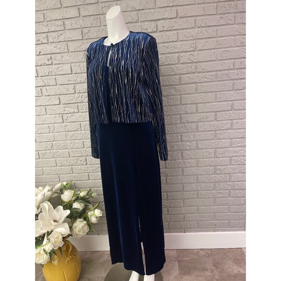 Studio One Blue & Silver Women Maxi Dress with Crop Jacket 2 Pcs Set Size 12 - Picture 3 of 10